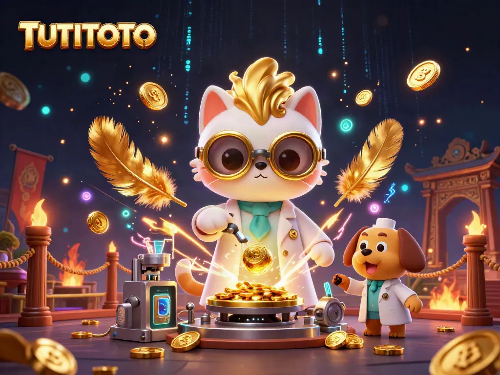 Experience TUTITOTO's dynamic casino magic with a mad scientist cat and dog in a packed lab setting.