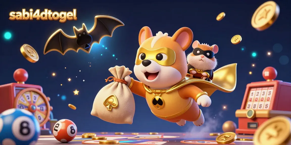 Menangkan peluang luar biasa dengan sabi4dtogel, ilustrasi superhero dan uang emas dalam permainan togel 4D.