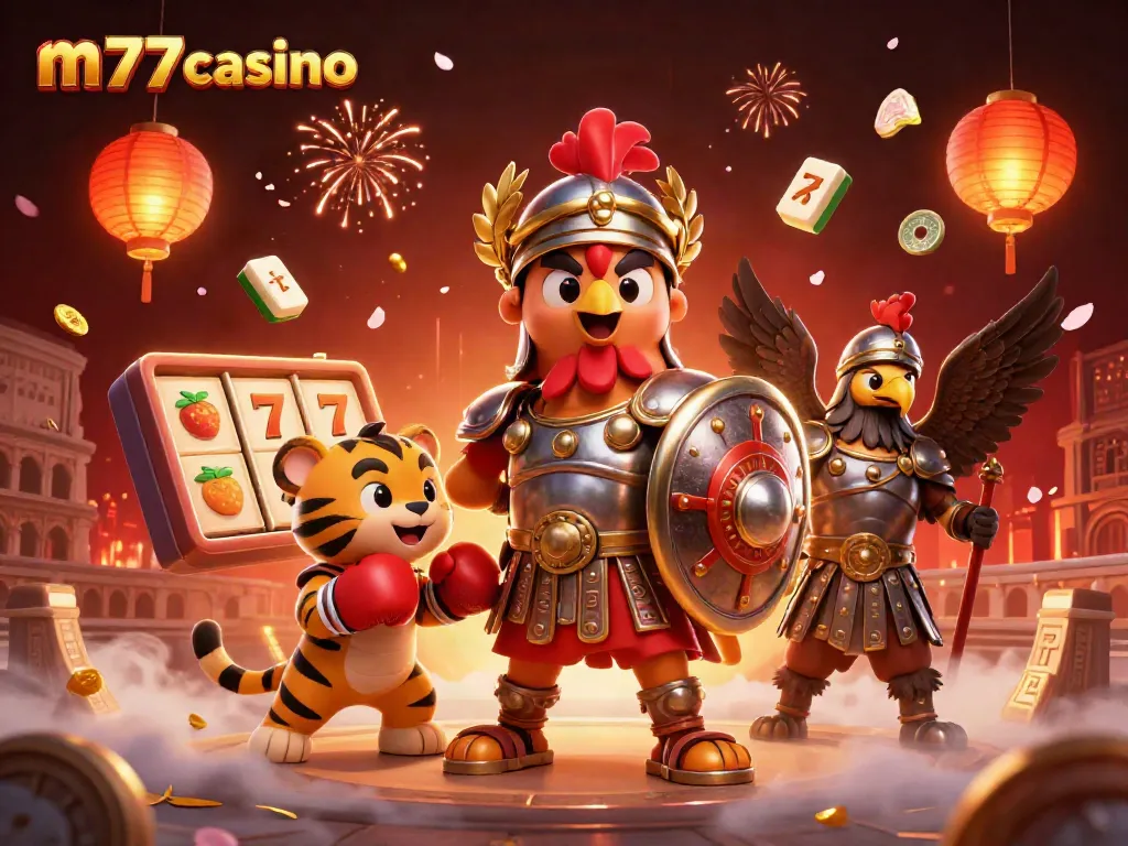 Merayakan kegembiraan judi di m77casino dengan ilustrasi 3D penuh warna gladiator dan elemen kasino.