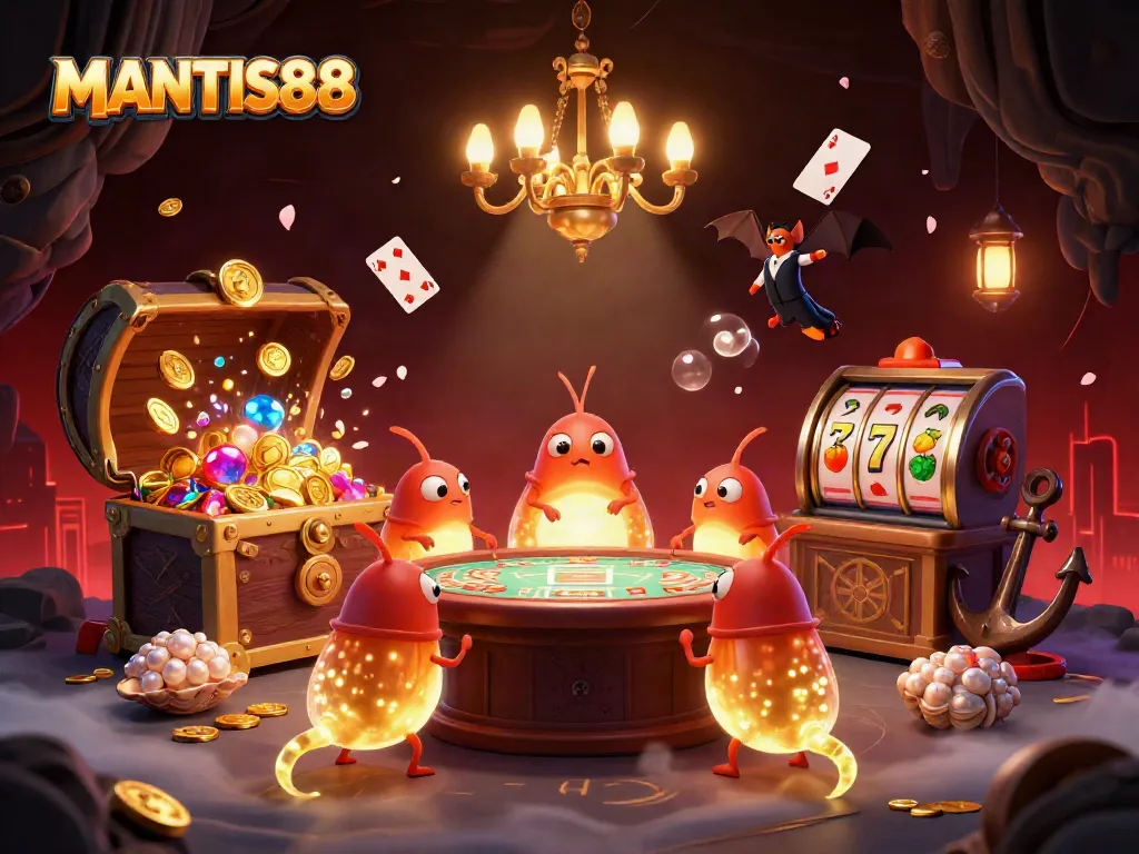 Experience the magic of MANTIS88 in a vibrant casino illuminated by glowworms and exciting gaming elements.