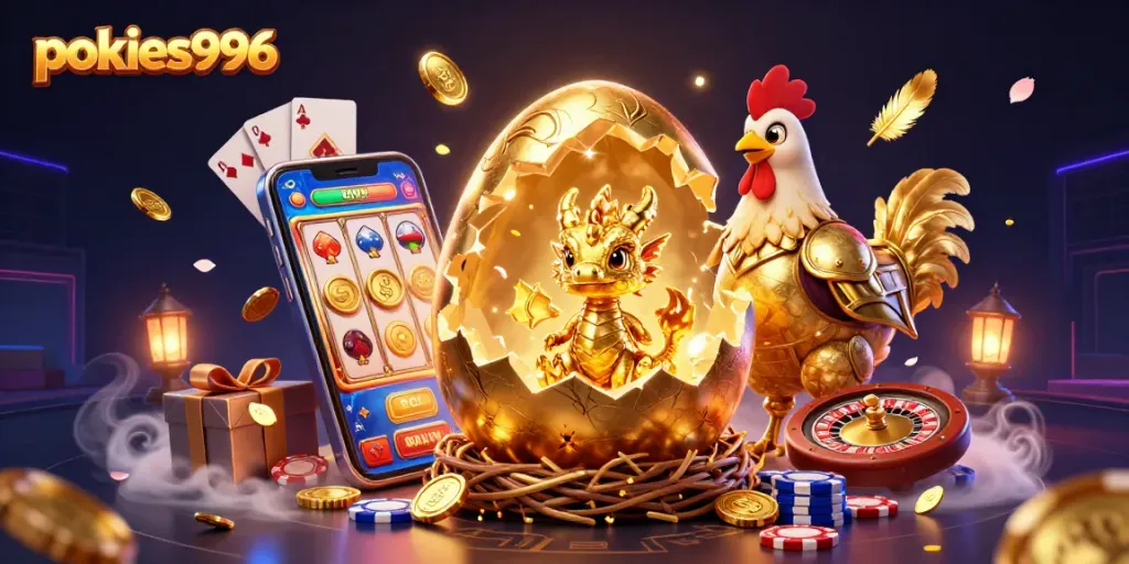 Experience pokies996 excitement with a golden dragon amidst vibrant casino elements and games.