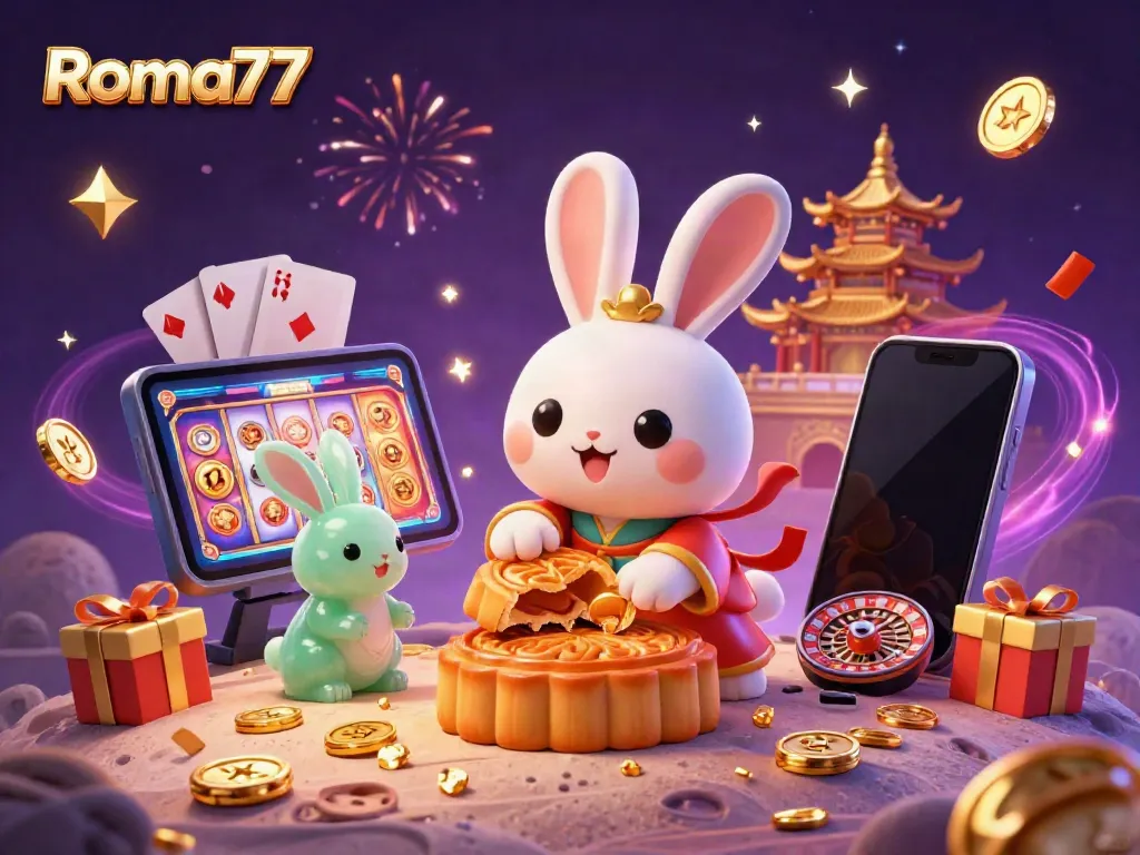 Experience thrilling gaming moments on Roma77 with a magical moonlit scene of fortune elements.