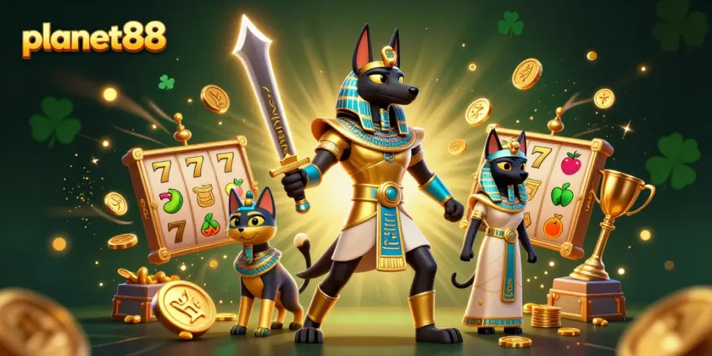 Join the action at planet88 with Anubis and Bastet amidst mesmerizing slot reels.