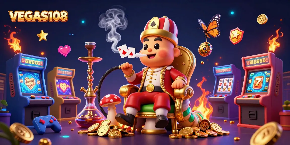 Experience thrilling wins with VEGAS108 in a vibrant 3D casino illustration featuring dynamic game elements.