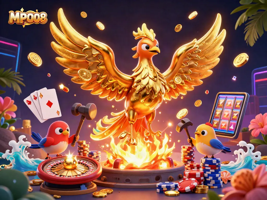 Experience thrilling gameplay at MPO08 with a golden phoenix and dynamic casino elements.