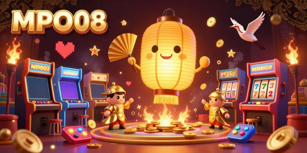 Experience MPO08 casino thrill with vibrant 3D characters, game elements, and dynamic setting.