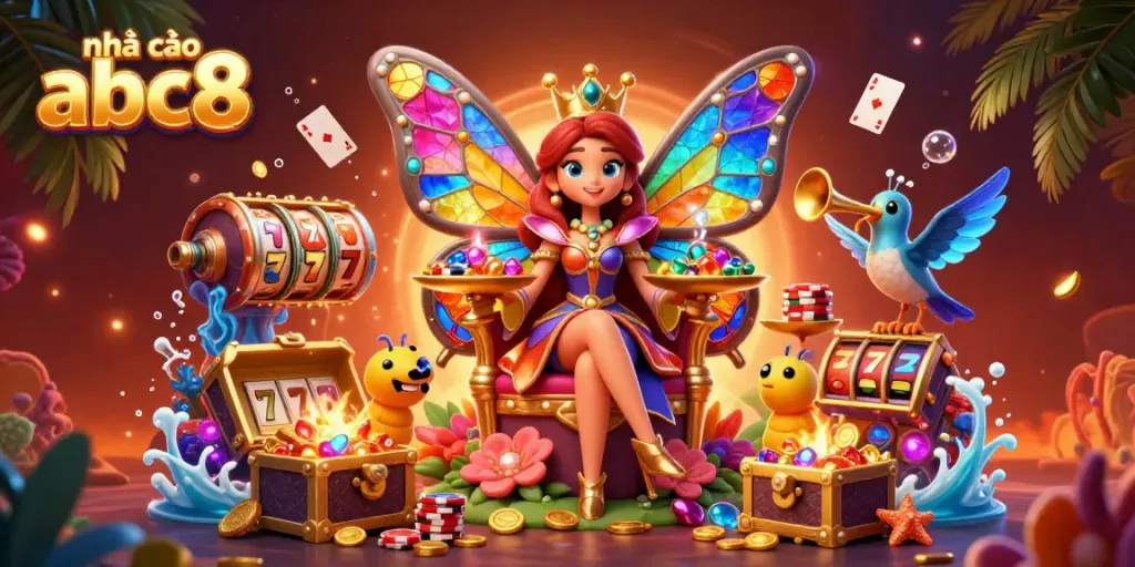 Experience thrilling gameplay at nhà cái abc8 with a captivating casino-themed 3D illustration featuring lively characters and elements.
