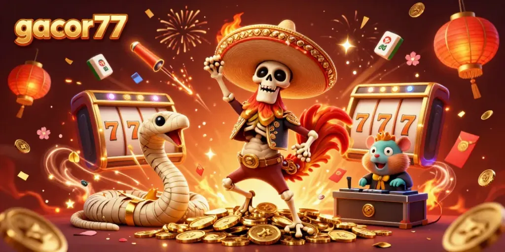 Gacor77 menyajikan skeleton mariachi merayakan kemenangan dengan slot dan koin emas, menciptakan suasana penuh kegembiraan.
