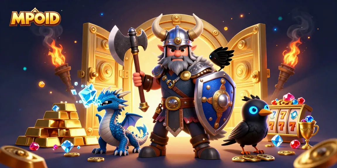MPOID delivers thrilling gameplay alongside a heroic Viking wolf warrior, fiery dragon, and sparkling treasures in a vibrant casino setting.