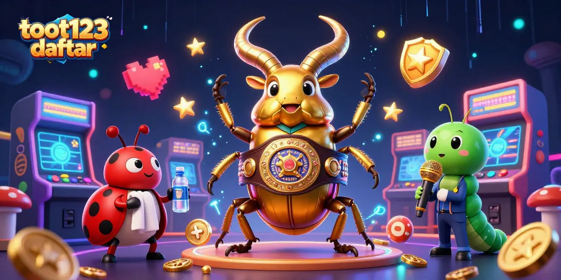 Win with toot123 daftar in this vibrant 3D casino scene featuring cartoon characters and gaming elements.