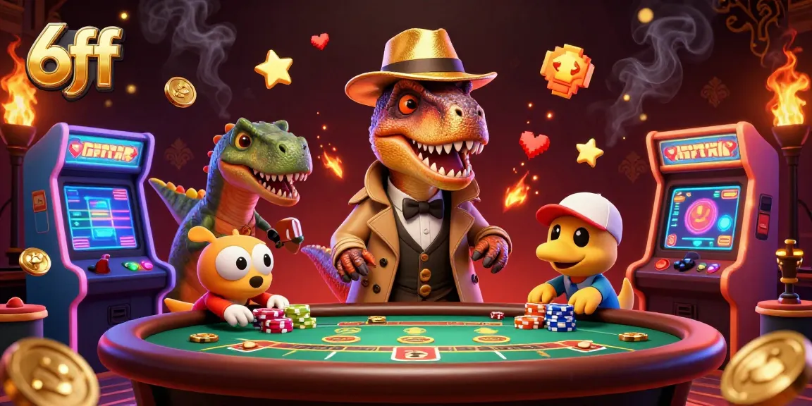 Experience thrilling gameplay with 6ff, featuring a cartoon velociraptor at a blackjack table, amidst vibrant casino elements.