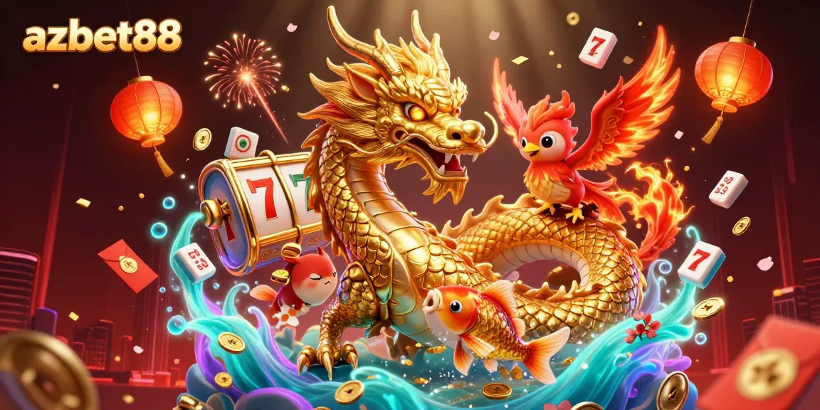 Engage with azbet88's exciting casino world featuring dynamic dragons, phoenixes, and golden koi in a vibrant setting.