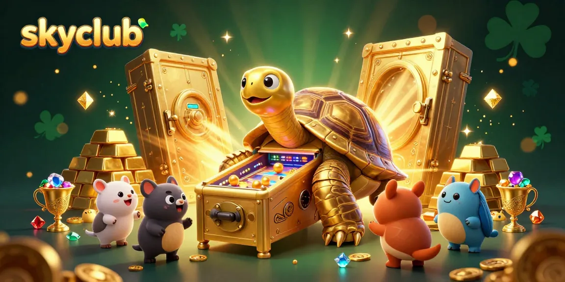 Engage in thrilling gameplay at SkyClub with the captivating pinball tortoise and treasure-filled scene.