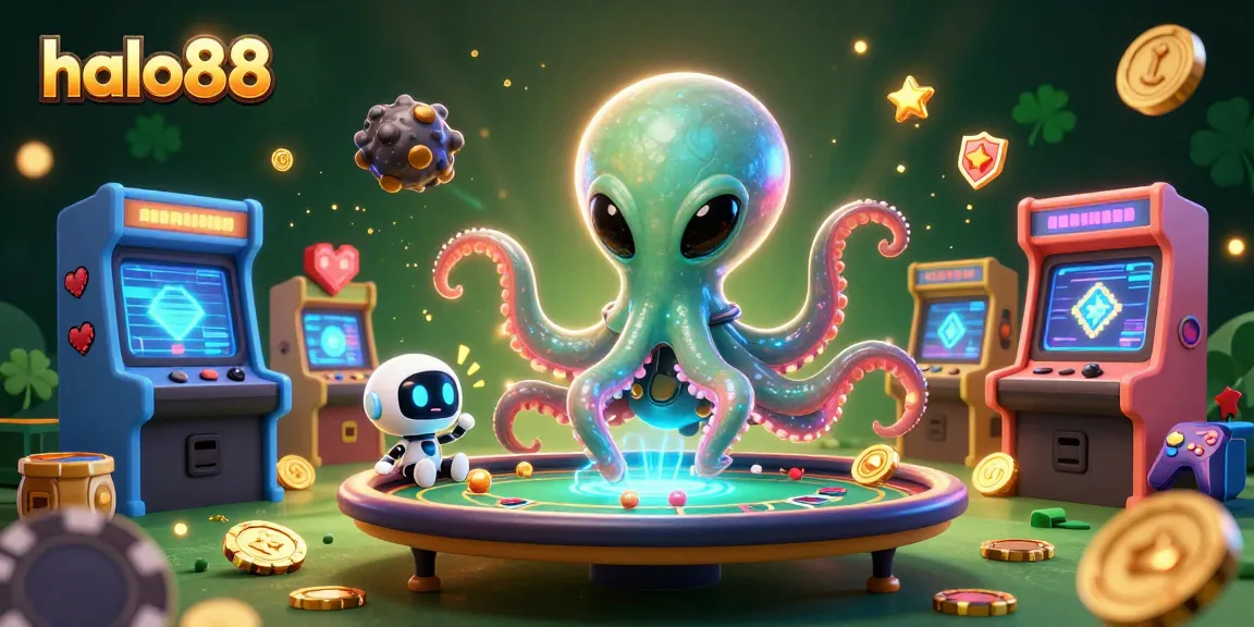 Join the excitement at halo88, where an alien octopus plays holographic poker amidst vibrant game elements.