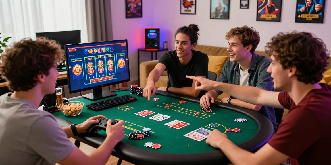 Engaging friends enjoying a slot poker game online, showcasing excitement and camaraderie in a vibrant gaming setting.