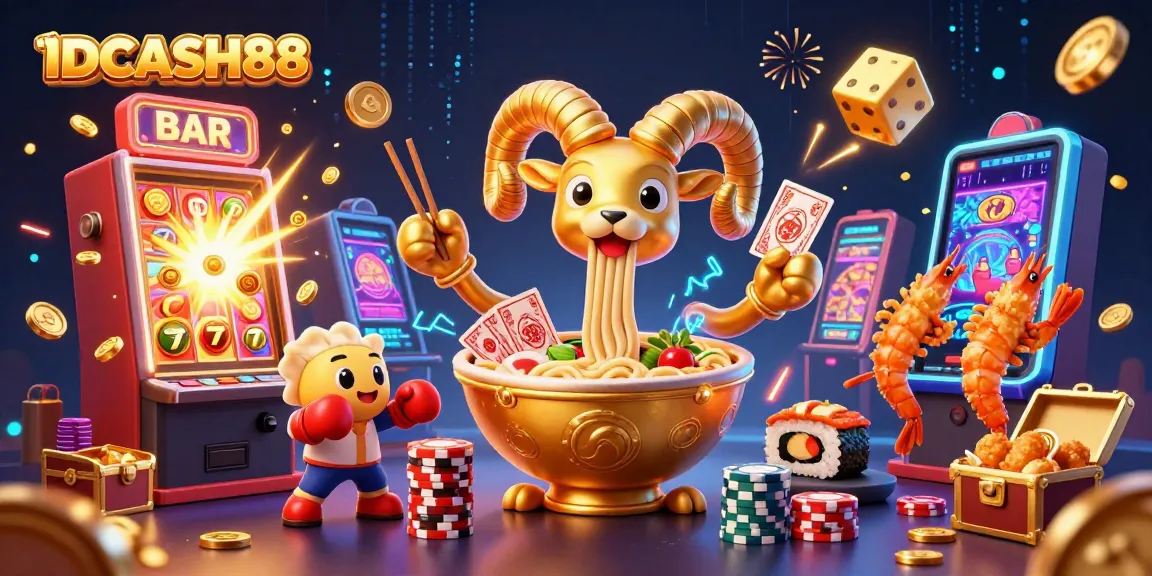 Experience thrilling gaming action with IDCASH88's dynamic casino-themed illustration showcasing vibrant slot machines and playful characters.
