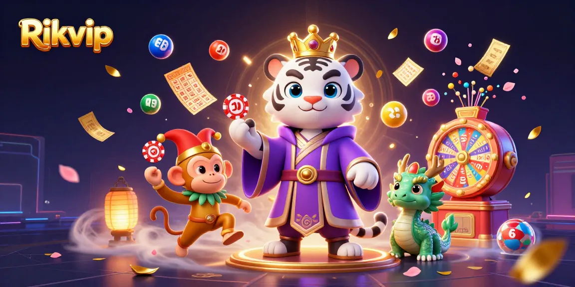 Engage in thrilling games with Rikvip, featuring a vibrant scene of a tiger, monkey, and dragon in an exciting casino atmosphere.