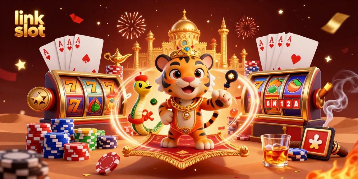Experience thrilling wins with link slot in this vibrant 3D casino illustration.