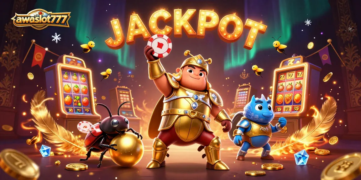 Experience the excitement of awslot777 with a 3D beetle-themed jackpot celebration illustration.