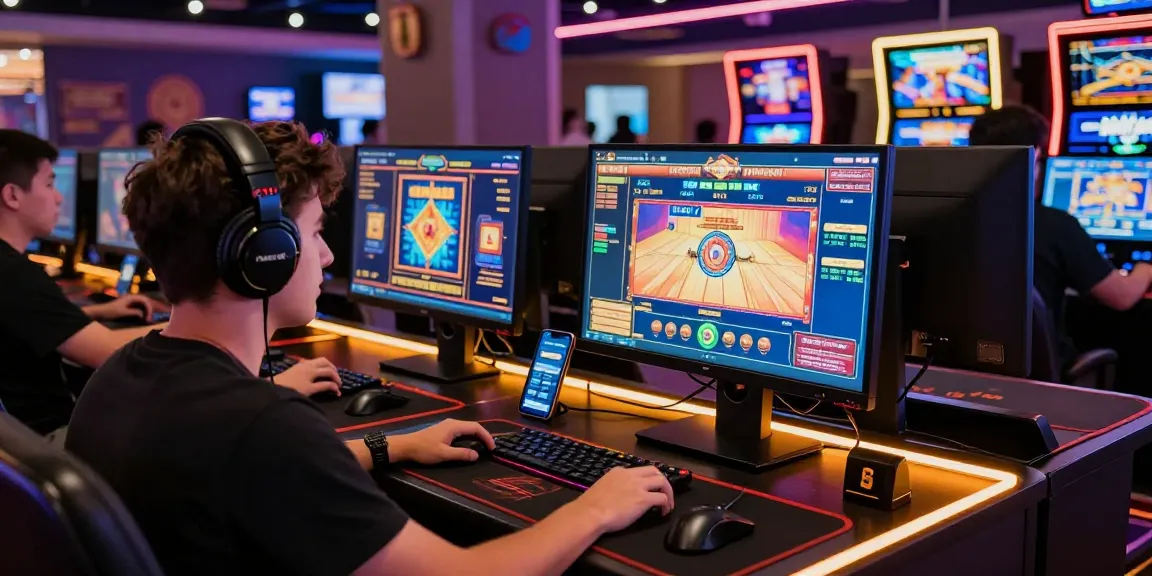 Situs Resmi Dominobet gaming setup with vibrant online casino atmosphere, featuring colorful monitors and gaming accessories.