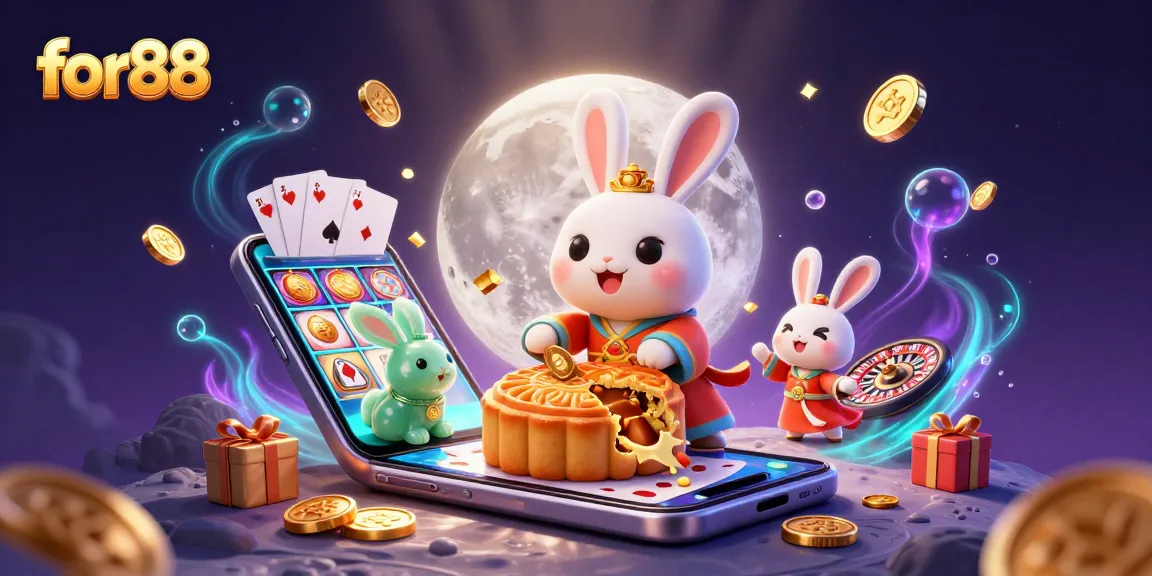 Play engaging games with for88 as a moon rabbit reveals hidden poker chips in a vibrant casino scene.