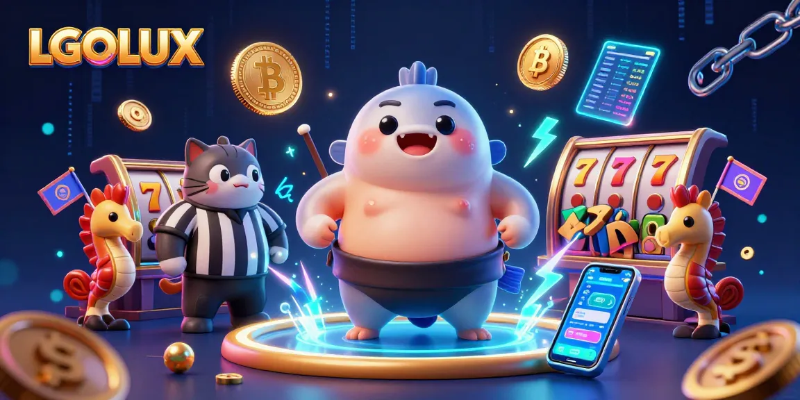 Spin the reels at LGOLUX, featuring a vibrant underwater scene with a fugu, catfish referee, and energetic seahorse spectators.