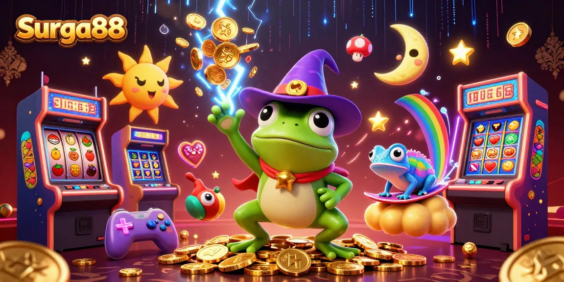 Experience the thrill of Surga88 with vibrant characters storming coins in an enchanting casino scene.
