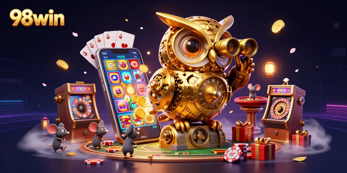 Experience the excitement of 98win's casino with a futuristic owl and vibrant game elements!