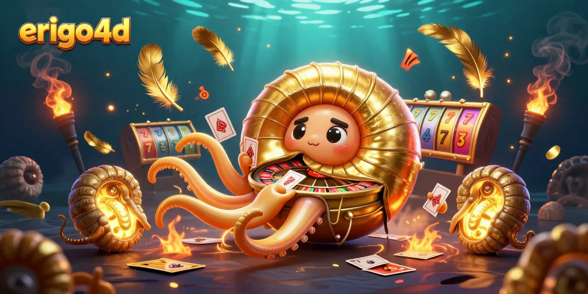 Experience the excitement of erigo4d with a dynamic 3D illustration showcasing thrilling gambling elements like slot reels and golden coins.