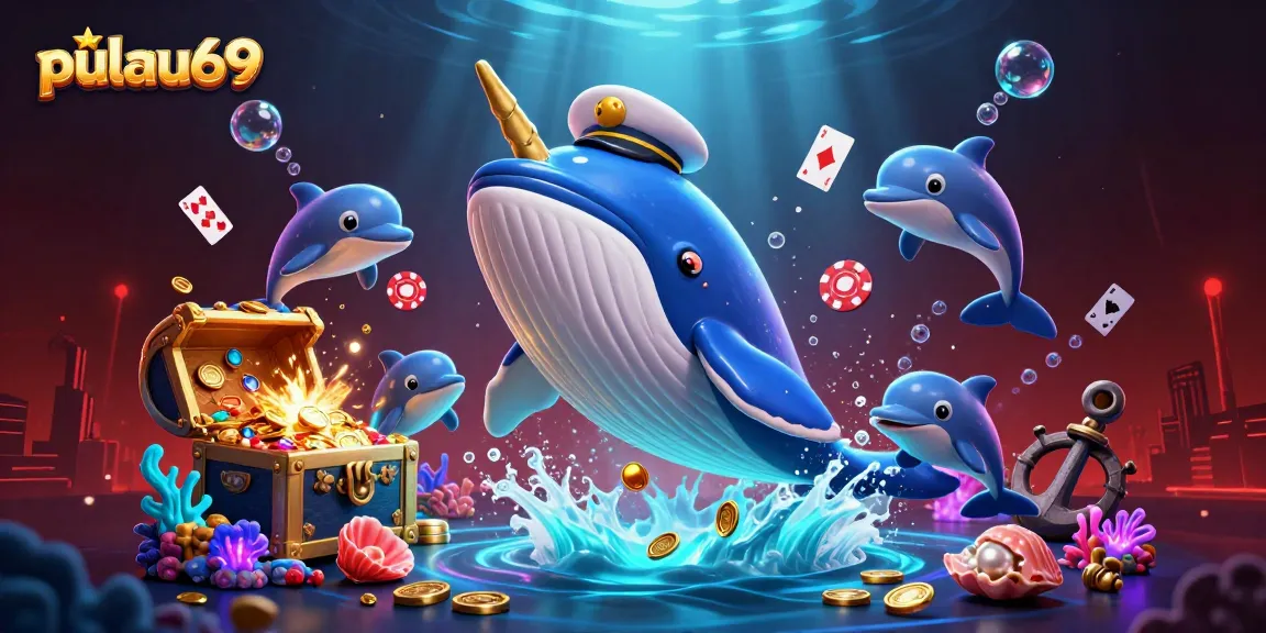Pulau69 showcases a vibrant casino scene with a whale captain and playful dolphins in action.
