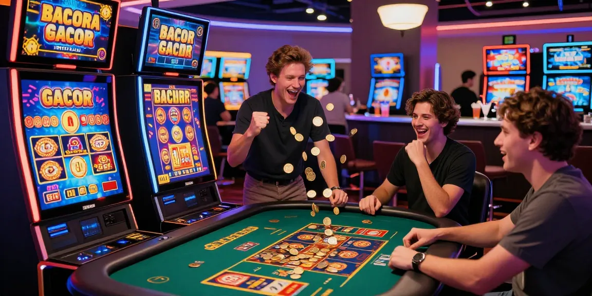 Excited players celebrating at a slot gacor online casino, showcasing vibrant neon lights and dynamic screens.