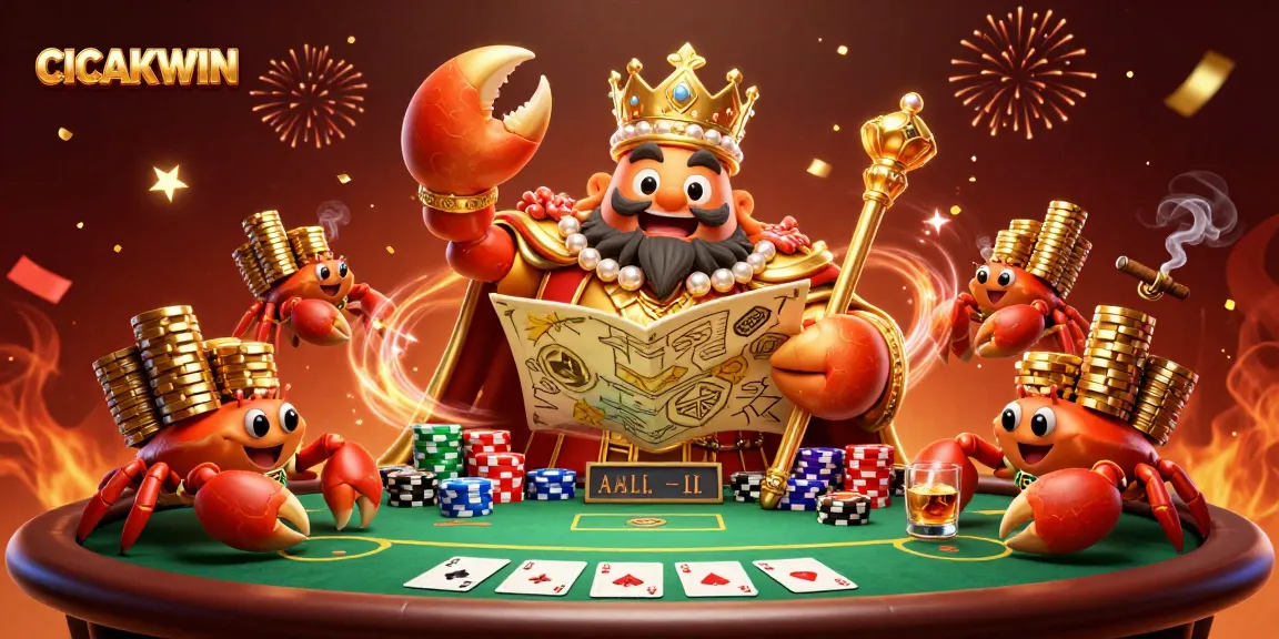 CICAKWIN menghadirkan keceriaan dalam permainan poker dengan penampilan raja kepiting emas dan kerumunan karakter.