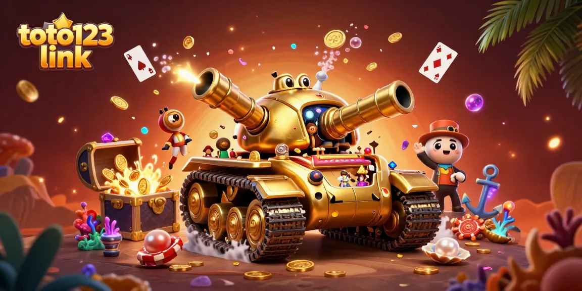 Bet on exciting games with the immersive toto123 link featuring a cartoon casino and golden elements.