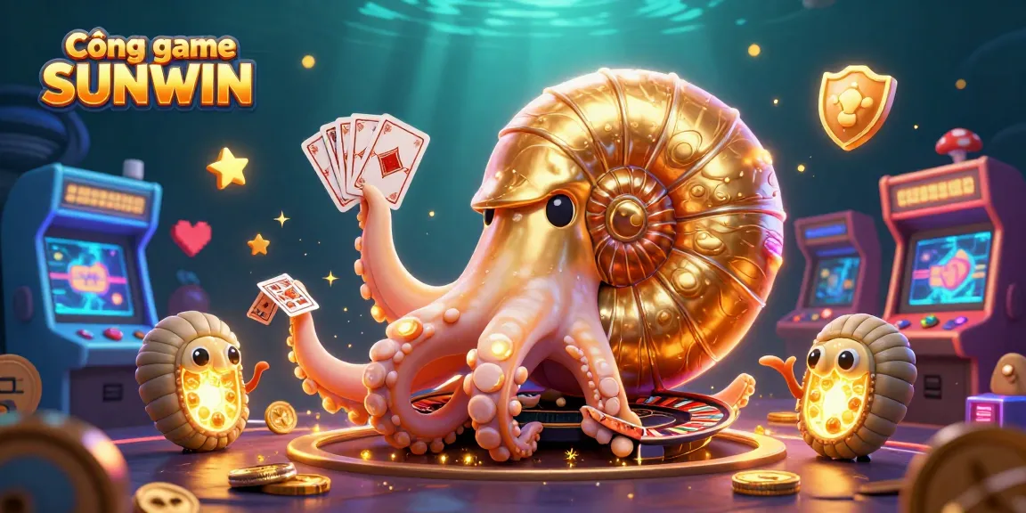 Cổng game SUNWIN showcases a lively 3D cartoon casino scene with a giant nautilus and glowing ammonites, highlighting gaming excitement.