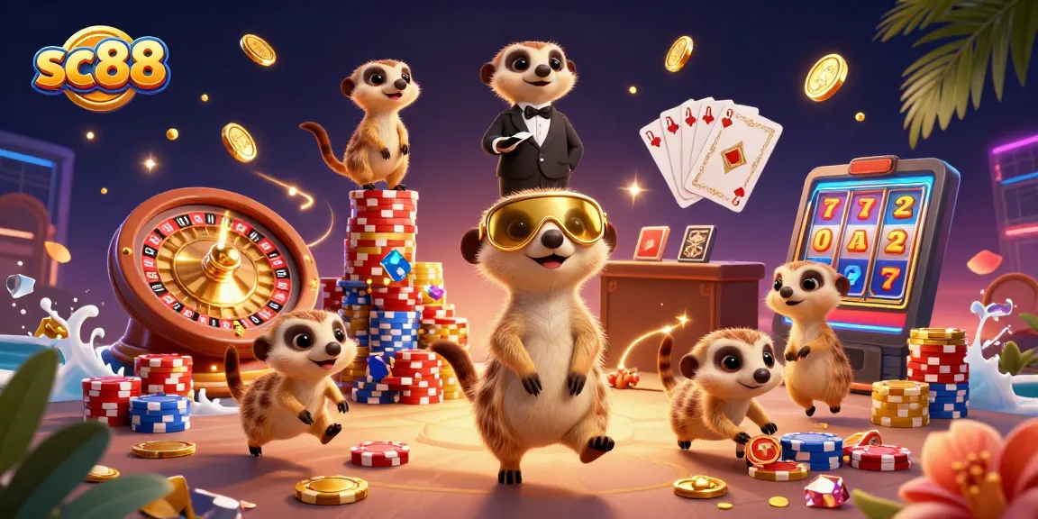 Engage with SC88's immersive casino world featuring meerkats as they manage chips and games.