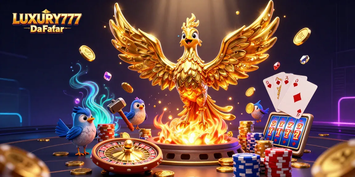 LUXURY777 Daftar mainkan slot dengan phoenix emas yang meleleh, koin berkilauan, dan elemen permainan kasino lainnya.
