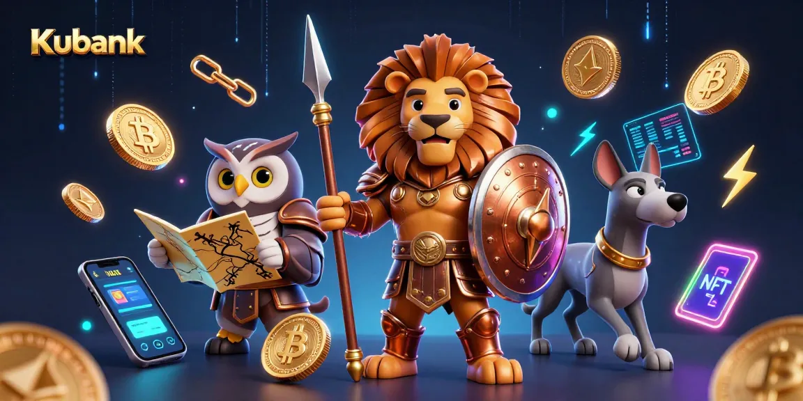 Kubank showcases casino excitement with Spartan lion and tactical owl amidst vibrant crypto elements.