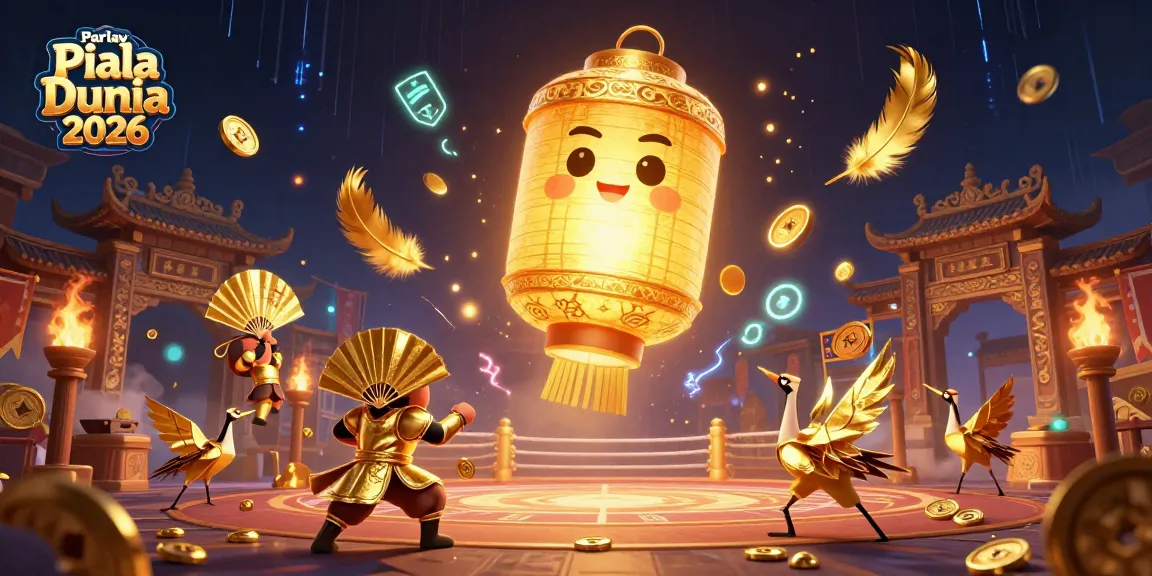 Parlay Piala Dunia 2026 features a vibrant 3D illustration of a golden lantern spirit surrounded by engaging gambling elements.