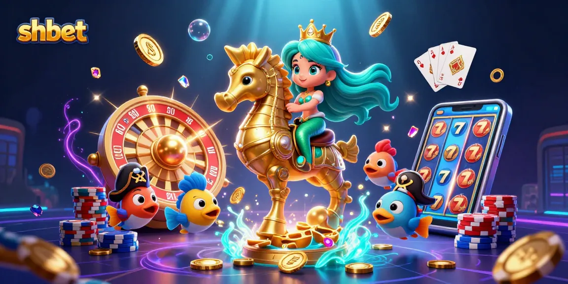 Engage in thrilling fish shooting games at shbet, featuring vibrant 3D mermaid and seahorse with dynamic casino elements.