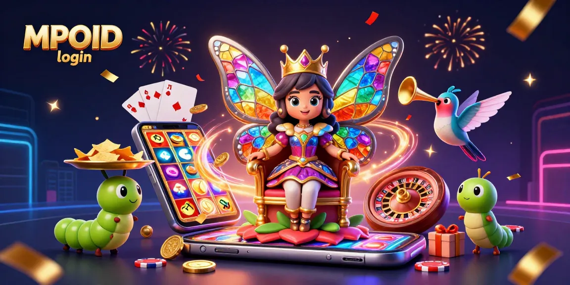 Experience the excitement of MPOID login with a vibrant celebration of gambling fun featuring a butterfly queen.