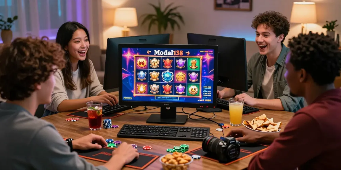 Pengguna Modal138 terlibat dalam permainan slot online yang menyenangkan dengan suasana sosial yang ceria.