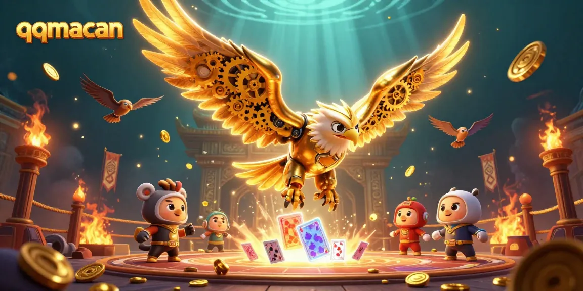Menggoda peluang permainan dengan qqmacan: burung elang emas cybernetic beraksi di antara kartu holografik dan koin emas.