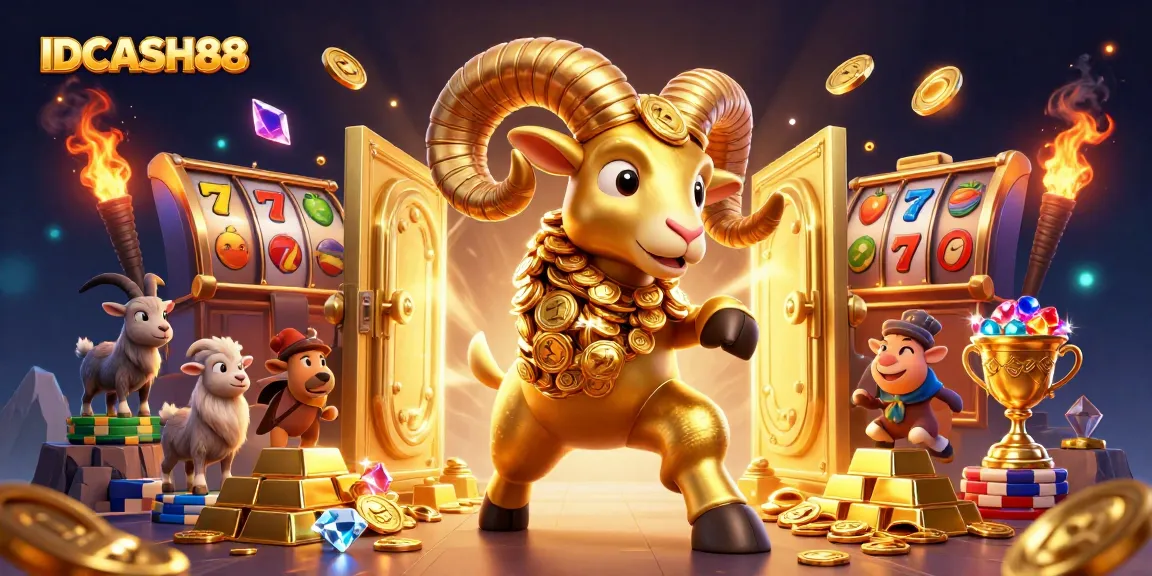 Play slots at IDCASH88 with a golden ram, treasures, and jackpot elements gleaming.