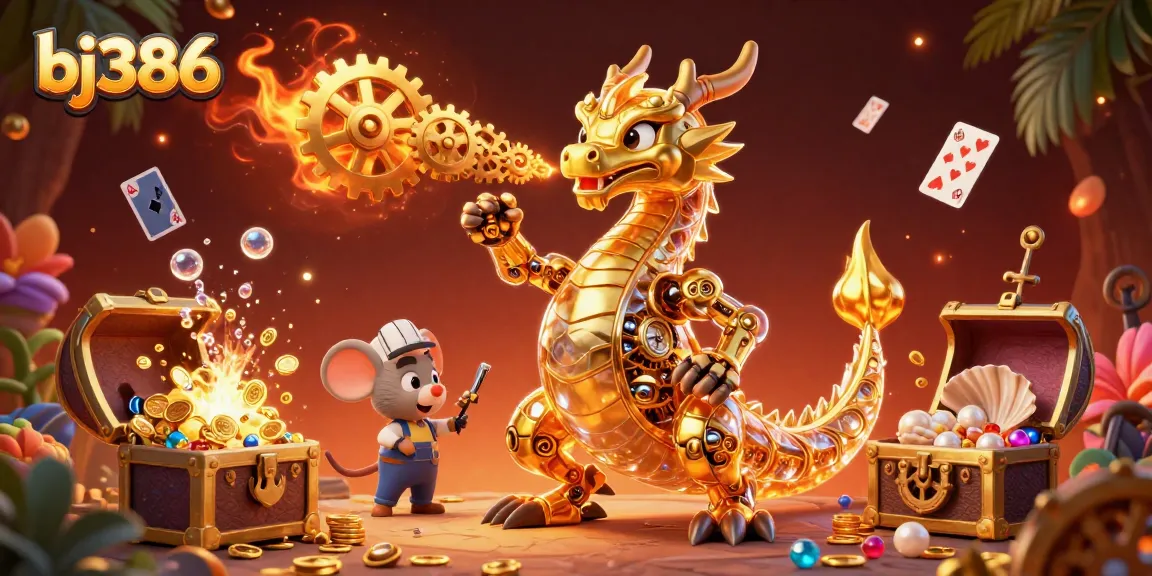 Experience the thrill at bj386 with a golden dragon and treasures amidst colorful gambling elements.