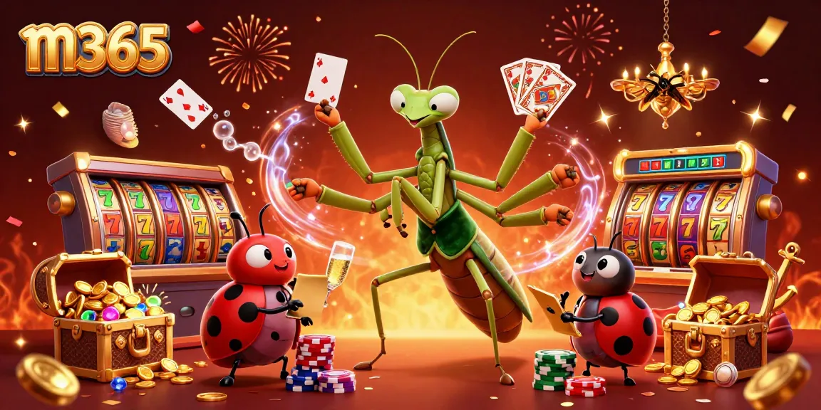 Experience m365's exciting slots with giant mantis card sharp and ladybug pit boss in a vibrant casino.