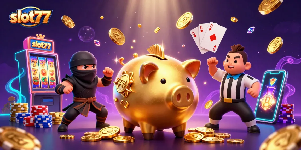 Slot77 mainkan mesin slot dengan simbol keberuntungan 7 dan koin emas bertebaran.