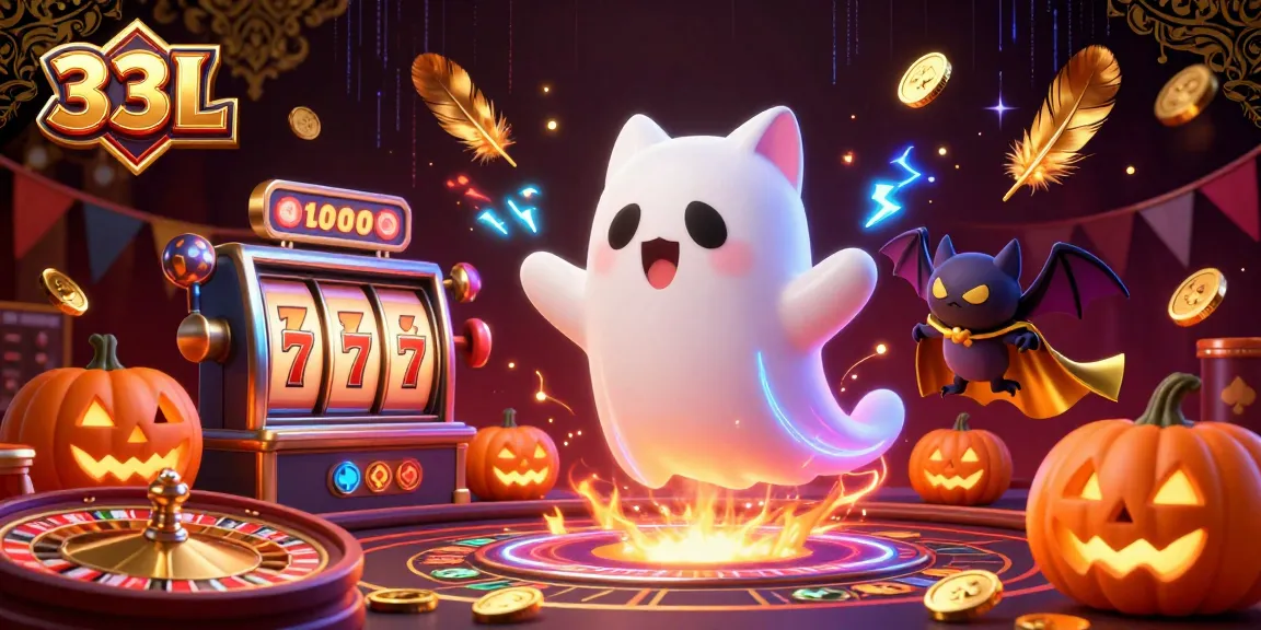 Engage with the 33L ghost cat and vampire bat in a vivid casino scene filled with slot machines and glowing jack-o-lanterns.