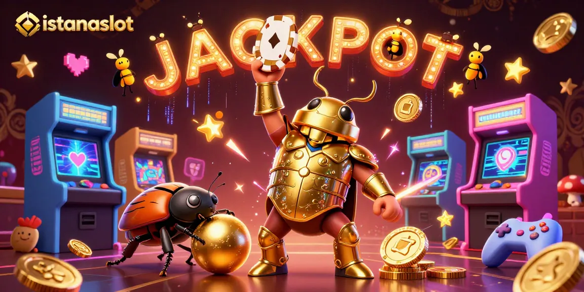 istanaslot promotes a lively jackpot theme with a heroic beetle lifting a poker chip in celebration.