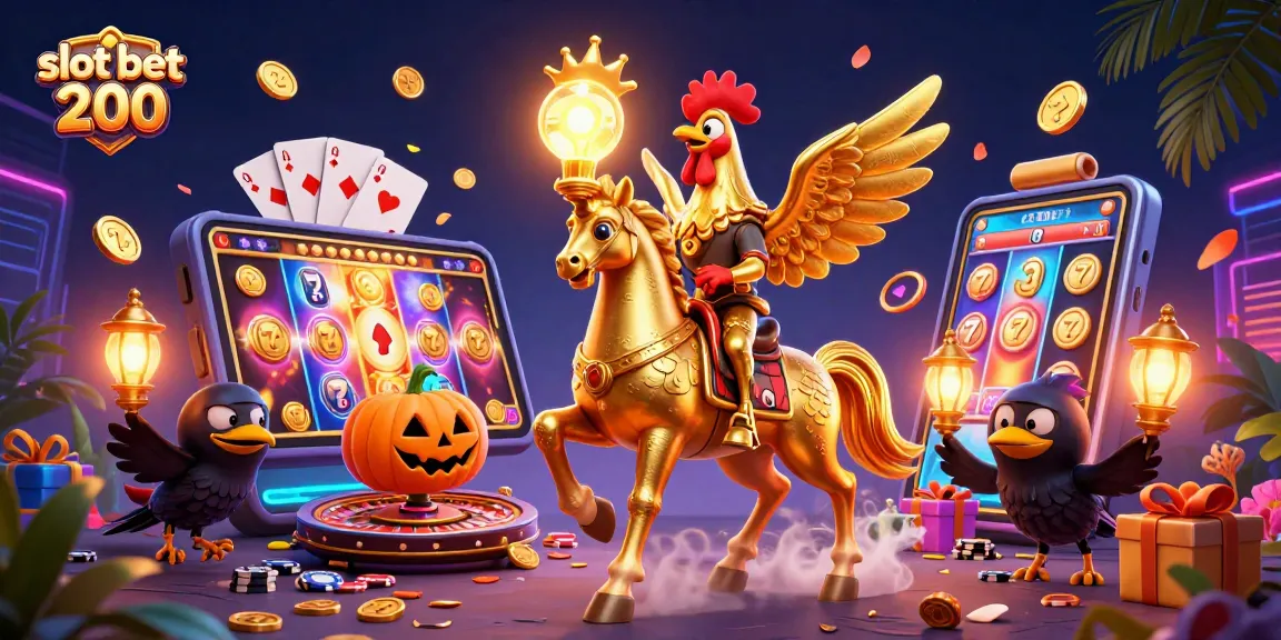 Experience a thrilling slot bet 200 with a golden rooster and friends in a vibrant midnight casino scene.