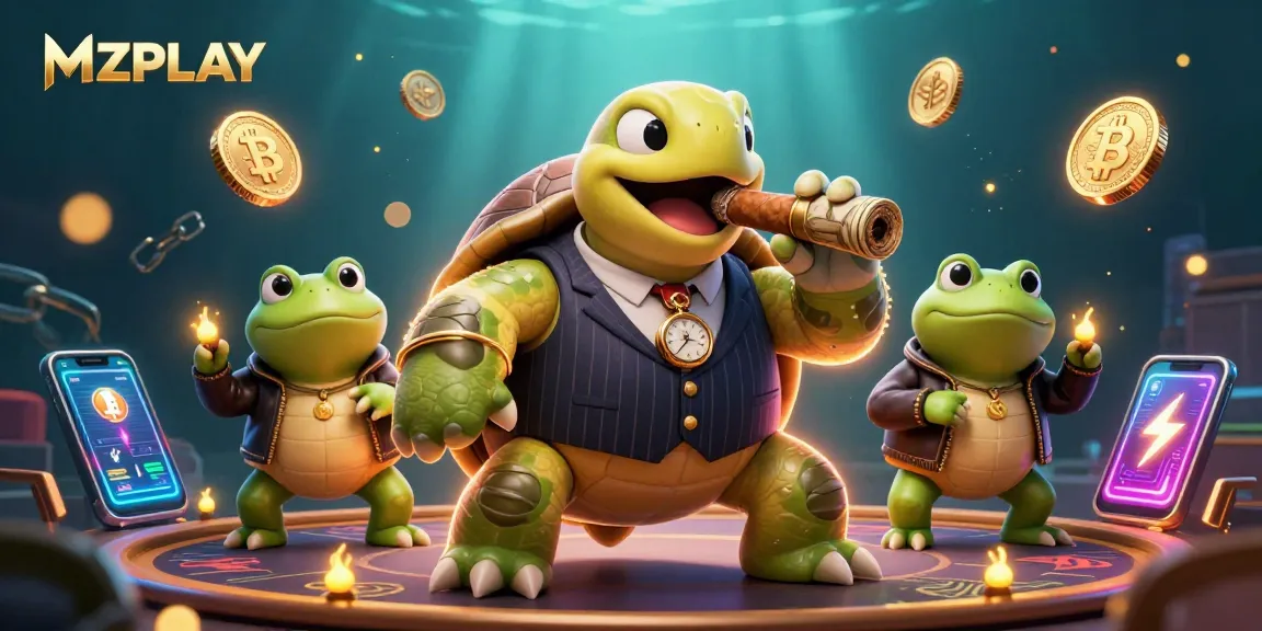 MZPLAY highlights a dynamic casino scene with a mobster turtle character and crypto elements.